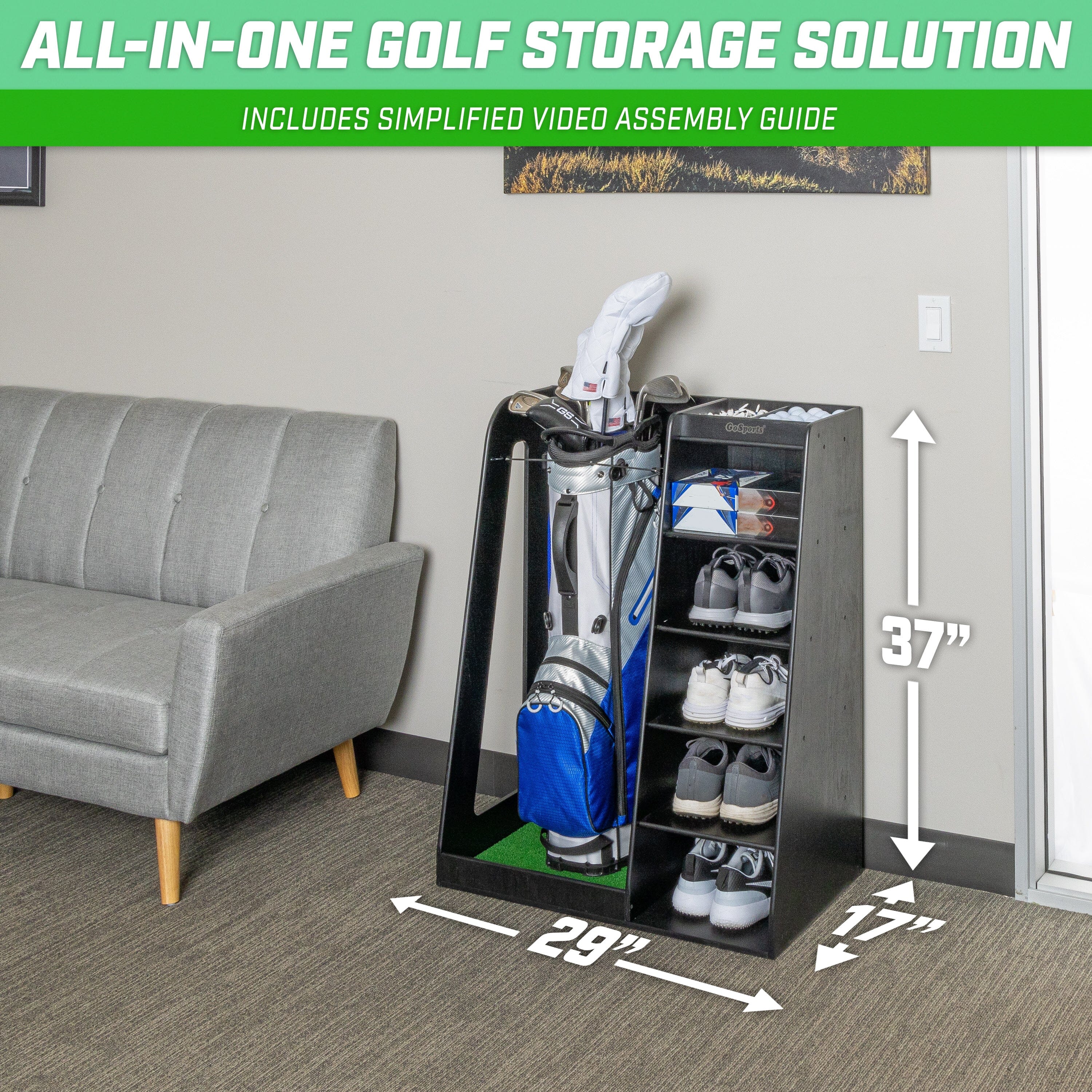 GoSports Premium Wooden Golf Bag Organizer and Storage Rack - Black