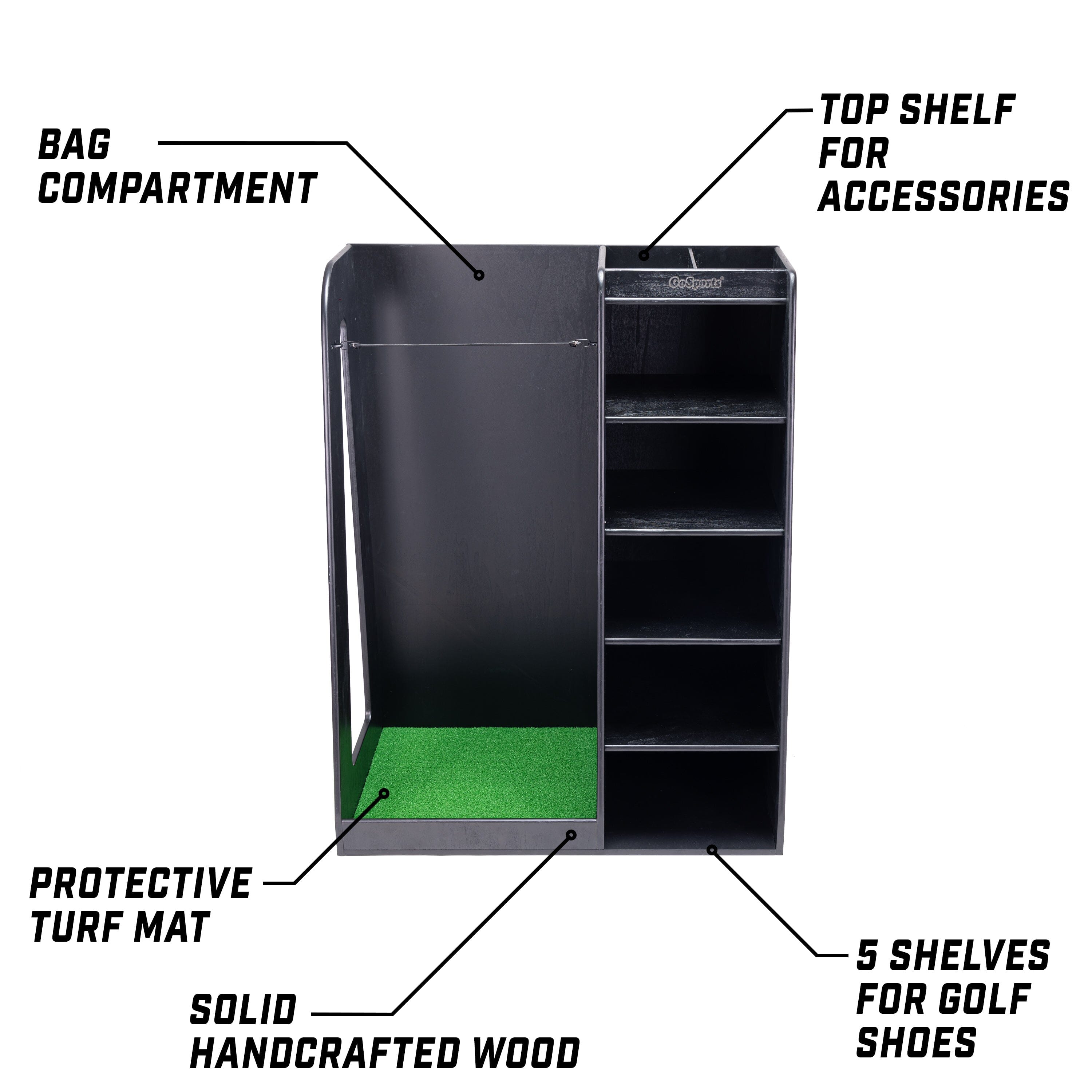 GoSports Premium Wooden Golf Bag Organizer and Storage Rack - Black