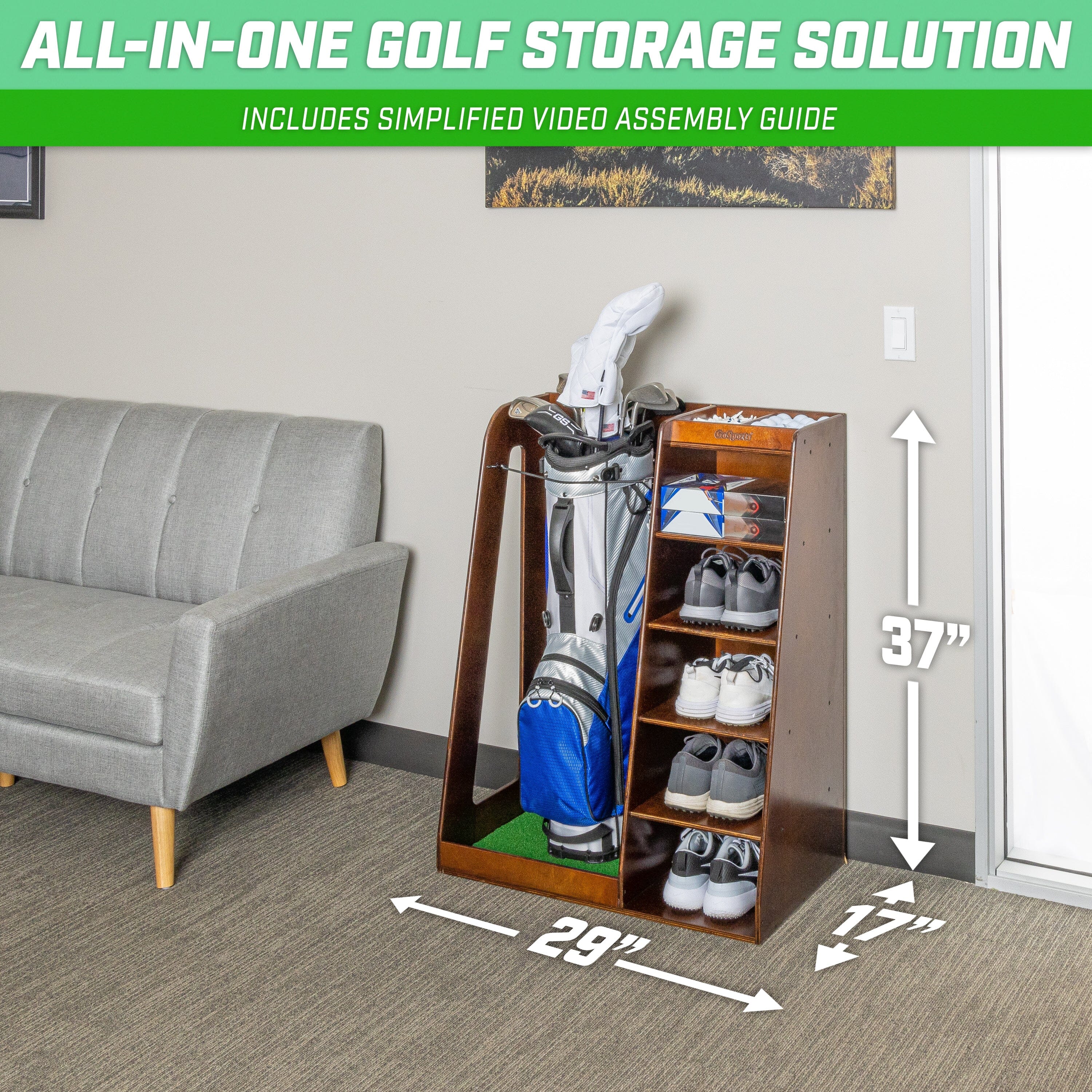 GoSports Premium Wooden Golf Bag Organizer and Storage Rack - Brown