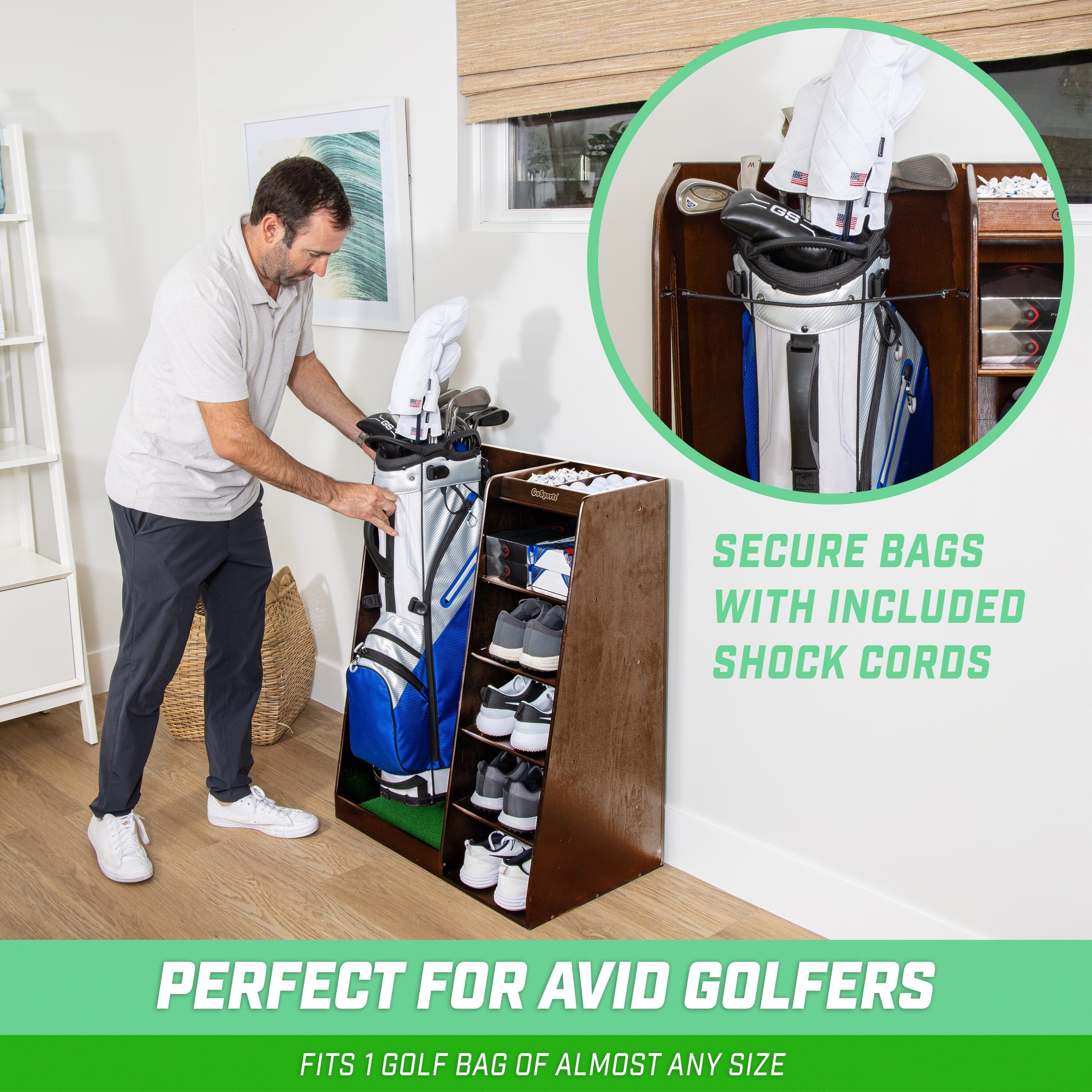 GoSports Premium Wooden Golf Bag Organizer and Storage Rack - Brown