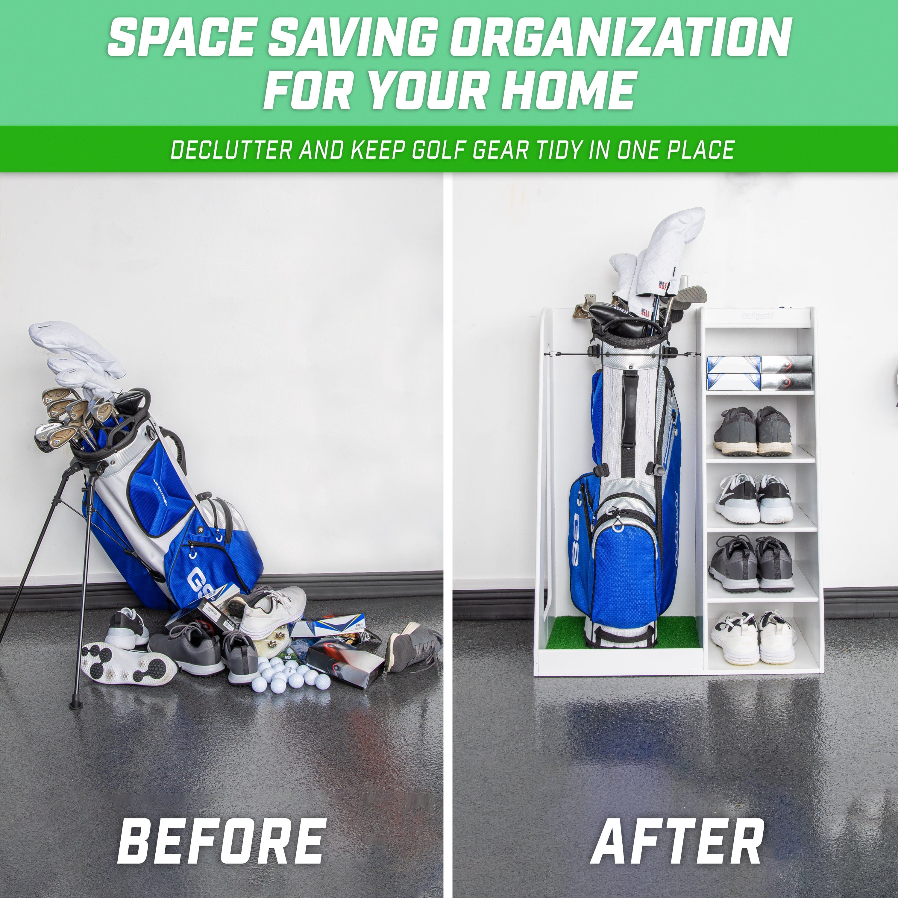 GoSports Premium Wooden Golf Bag Organizer and Storage Rack - White