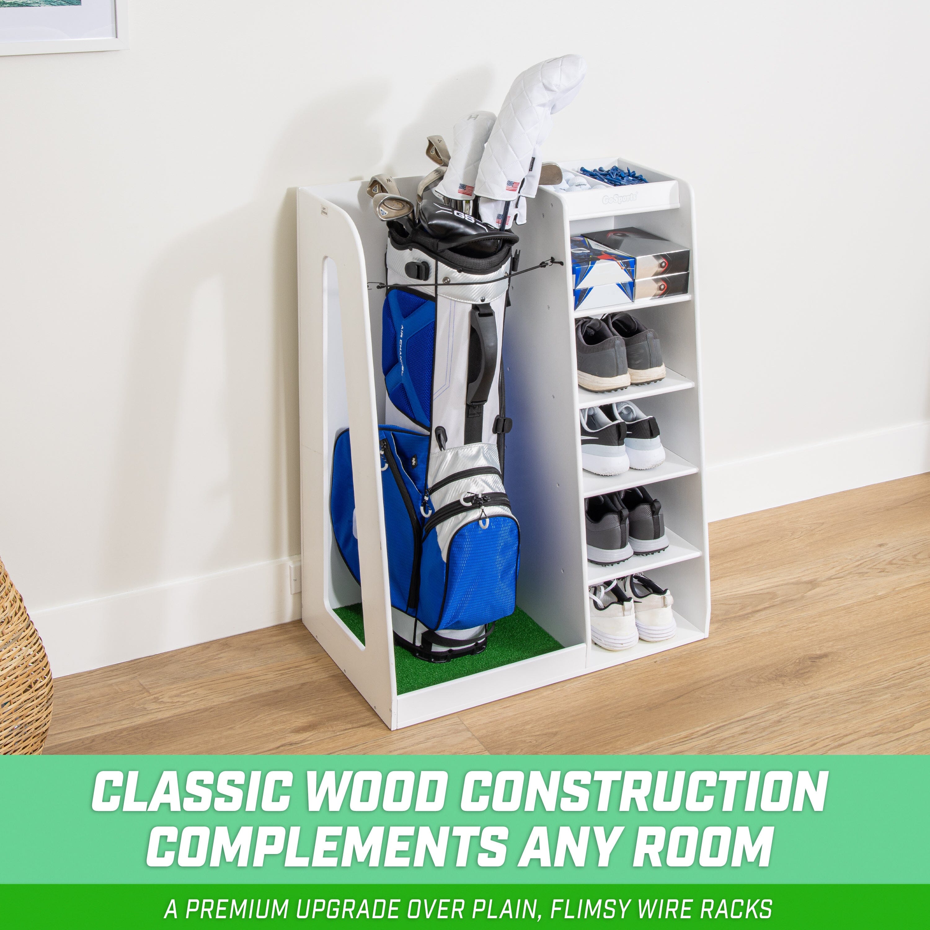 GoSports Premium Wooden Golf Bag Organizer and Storage Rack - White