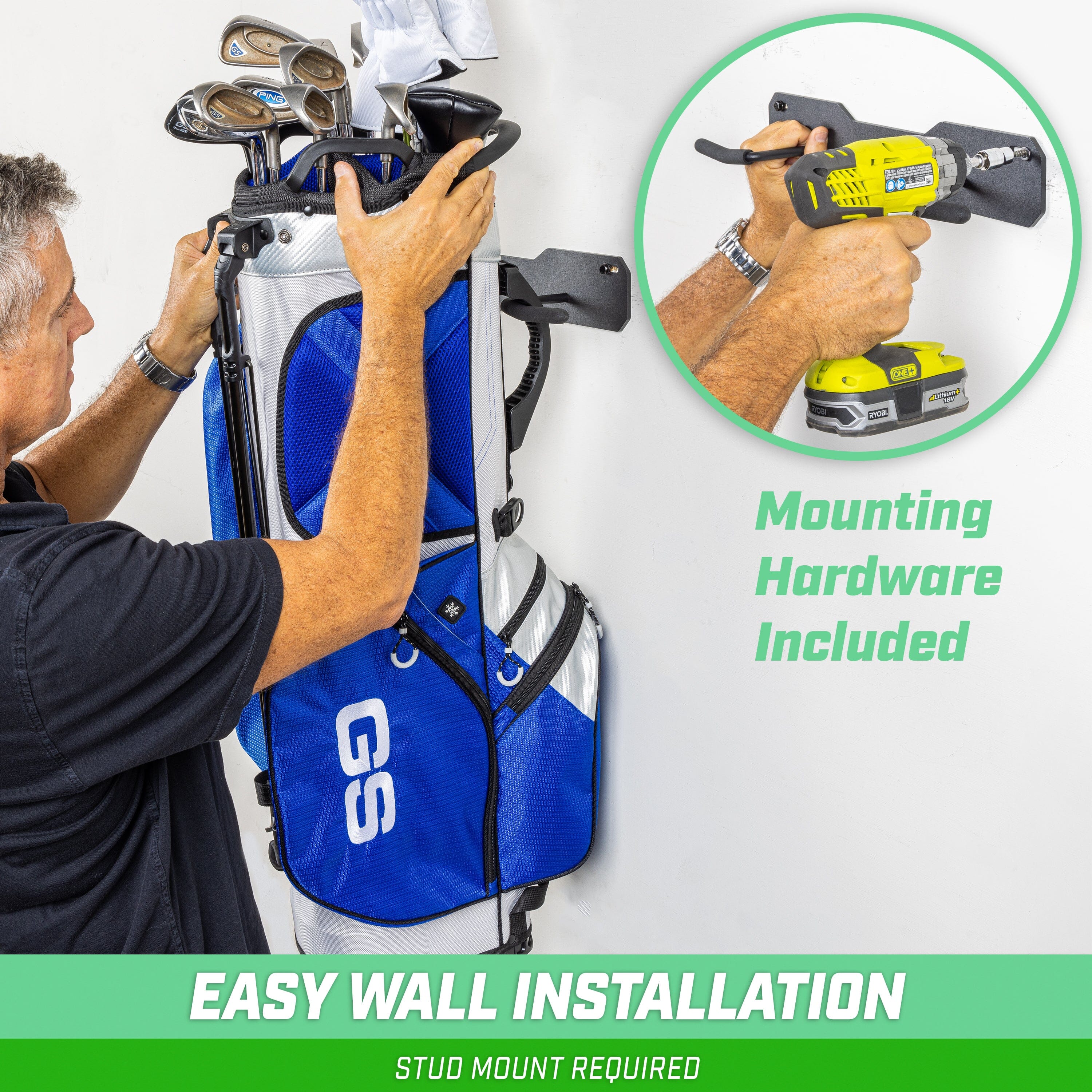 GoSports Wall Mounted Golf Bag Storage Rack - Holds 2 Golf Bags