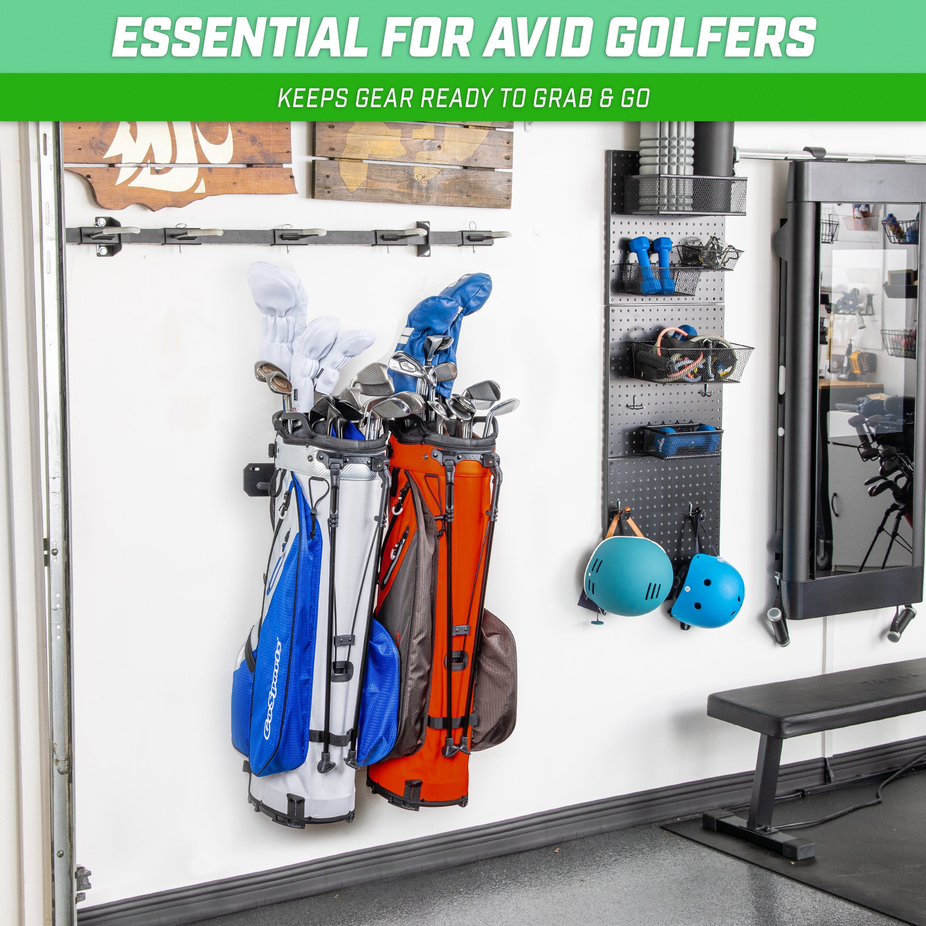 GoSports Wall Mounted Golf Bag Storage Rack - Holds 2 Golf Bags