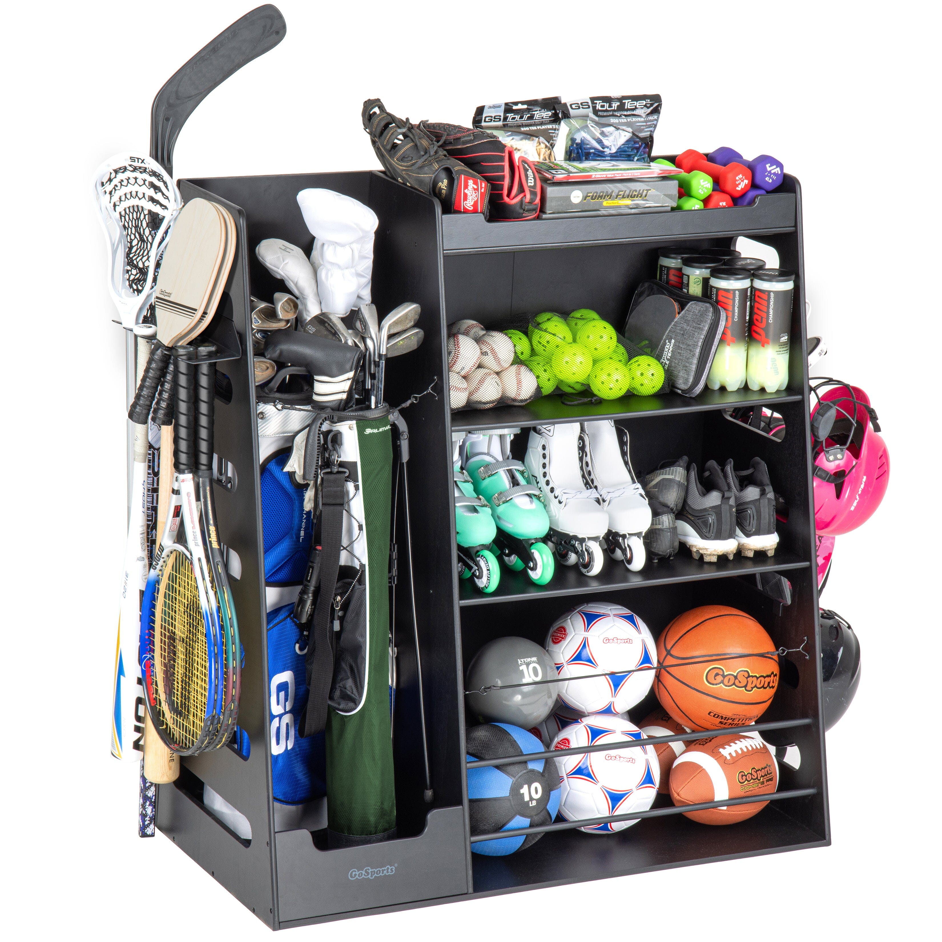 GoSports Premium Wooden Sports Equipment Organizer with Storage Hooks - Golf Bag Rack and Multi-Sport Ball Bin for Garage