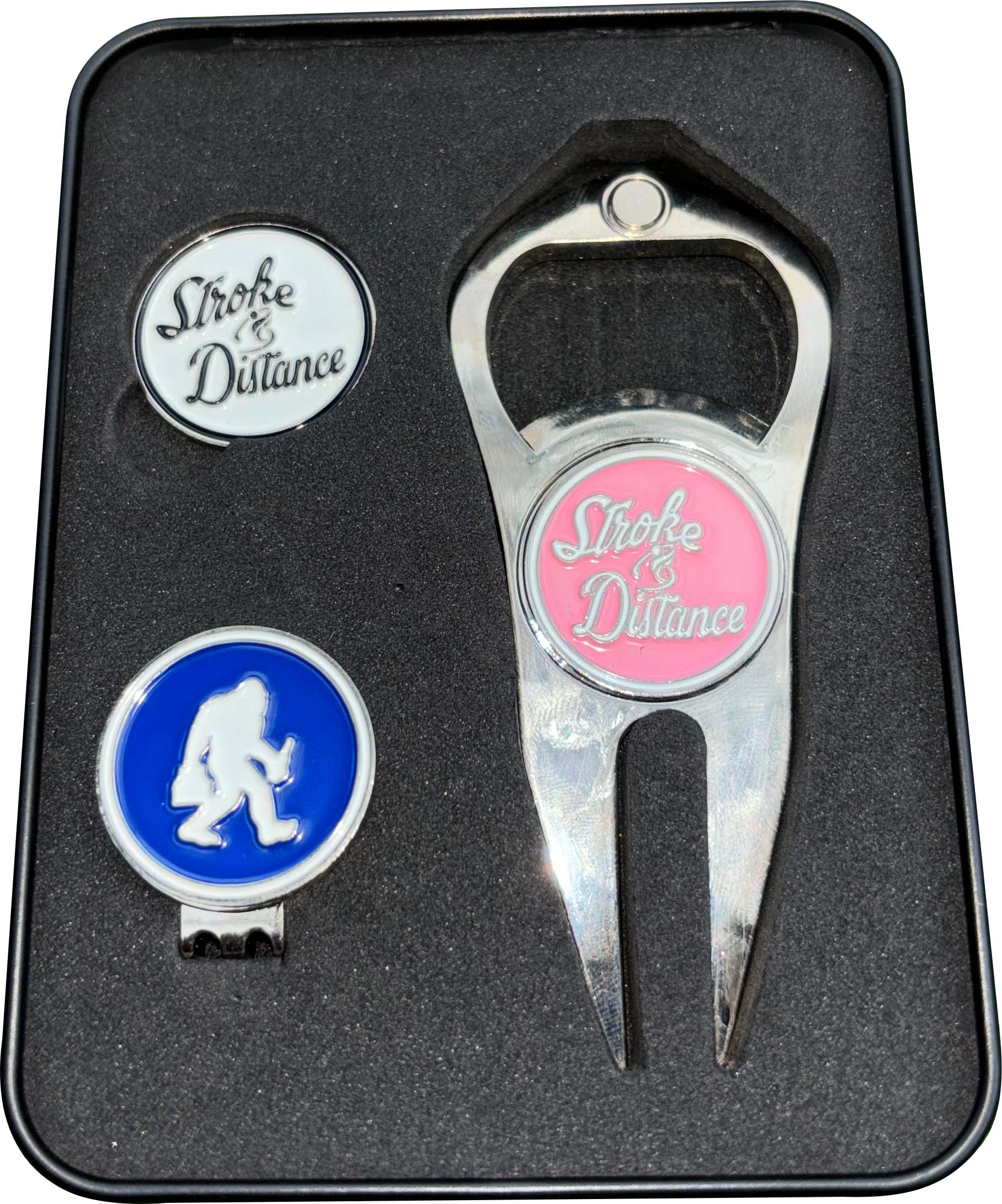 Stroke & Distance Golf Gift Set: Gift Tin, Divot Tool, Ball Marker, Hat Clip