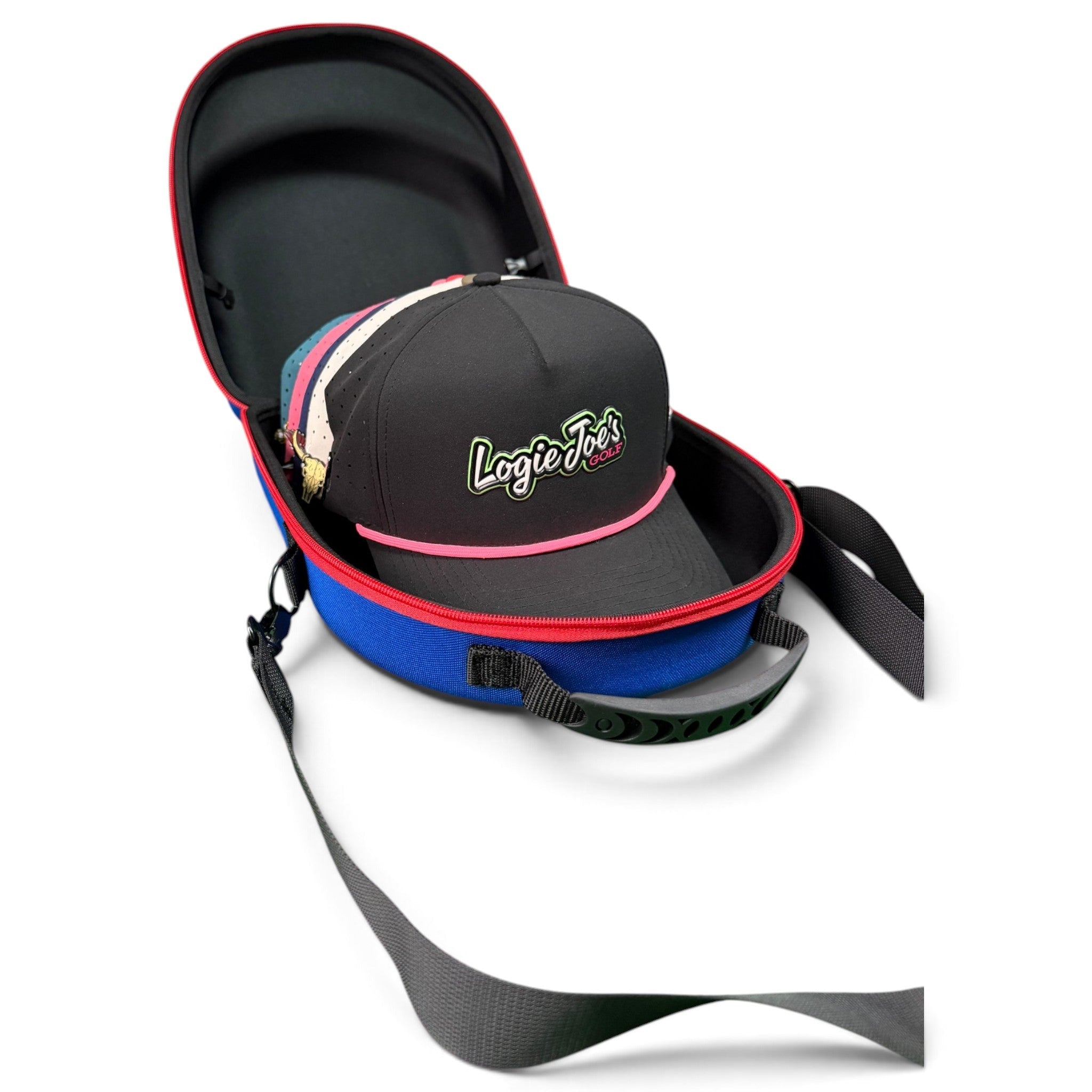 Blue/Red Hat Caddy Travel Case | Hard Shell Hat Carrier Holds Up to 6 Hats | Protective Hat Storage Case with Adjustable Shoulder Strap