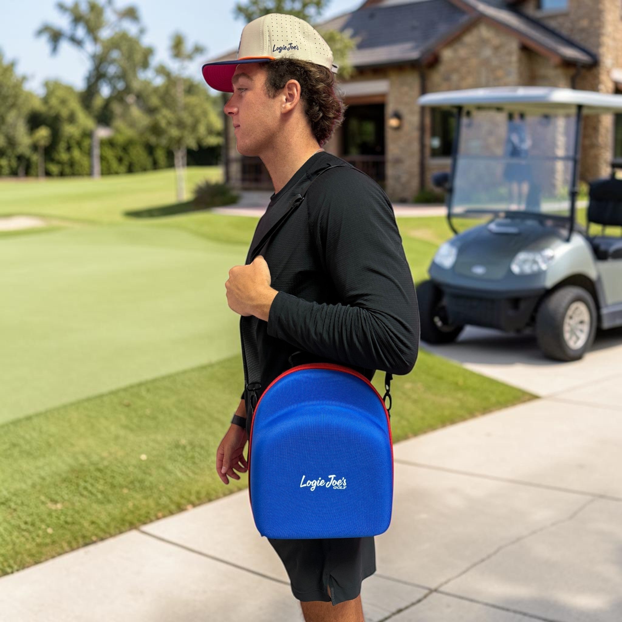 Blue/Red Hat Caddy Travel Case | Hard Shell Hat Carrier Holds Up to 6 Hats | Protective Hat Storage Case with Adjustable Shoulder Strap