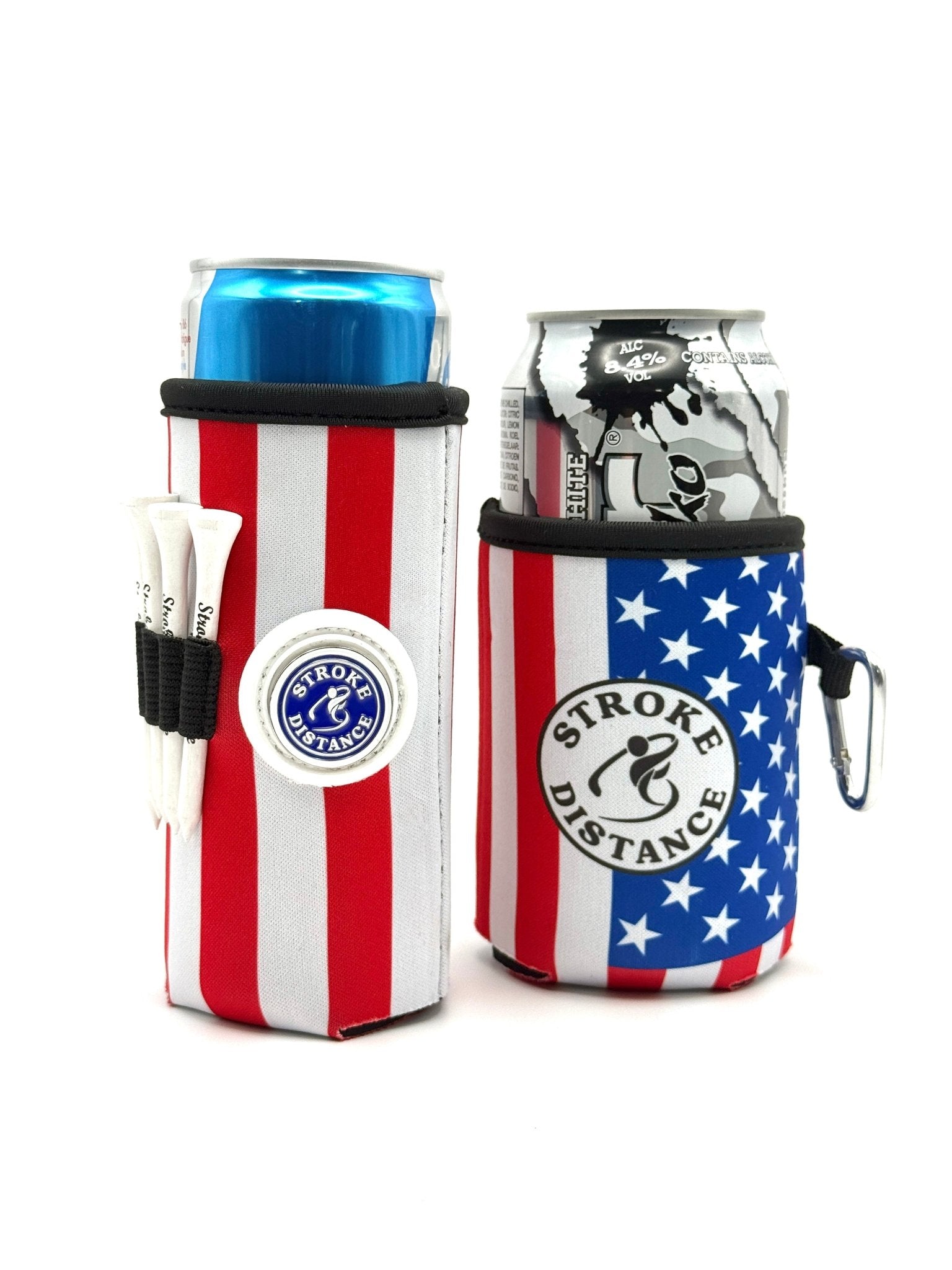 Patriotic Stars and Stripes Beverage Caddie 4 Pack, 3-in-1 Golf Insulator, Removeable Ball Marker, Bag Clip & Tees Combo