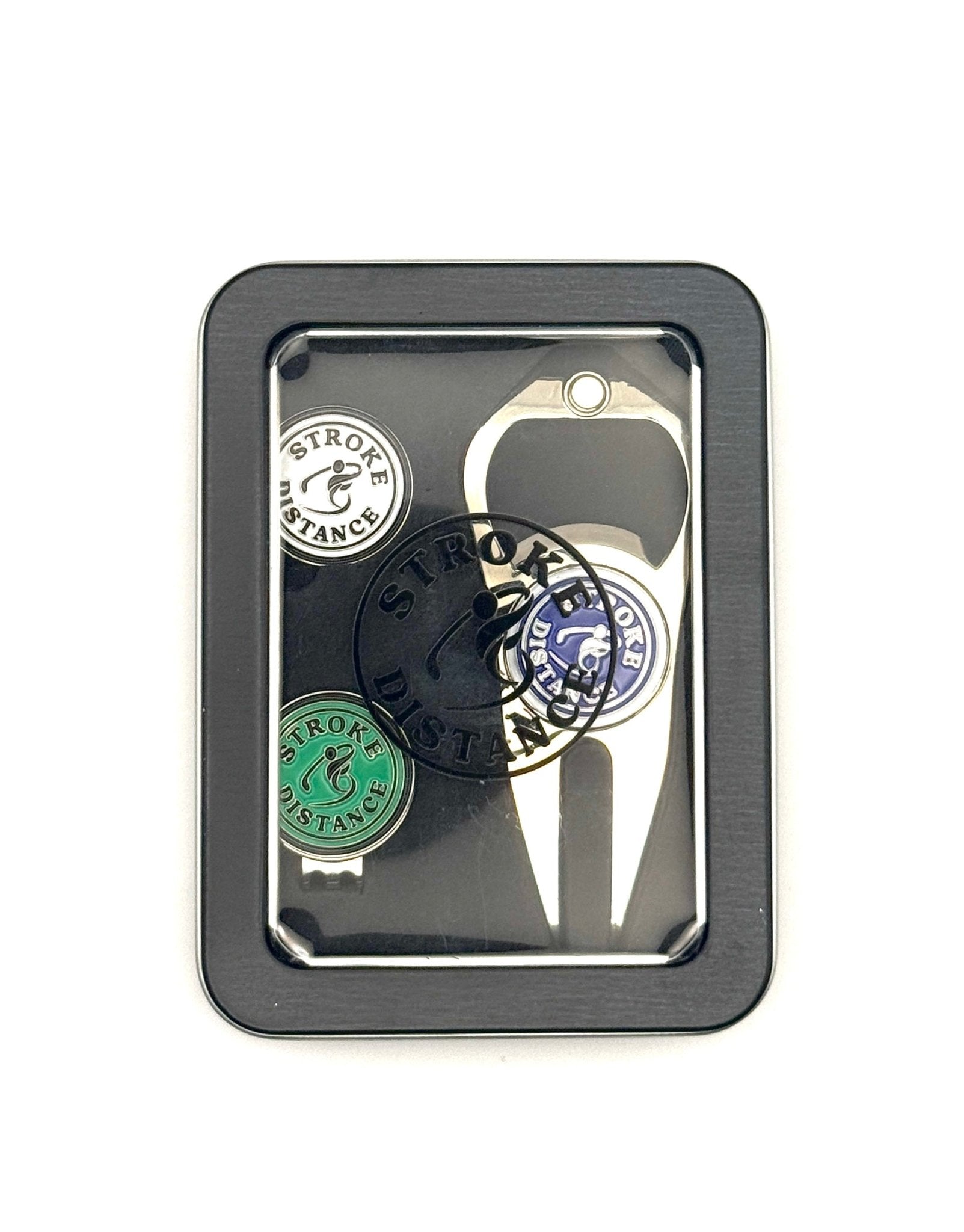 Stroke & Distance Golf Gift Set: Gift Tin, Divot Tool, Ball Marker, Hat Clip