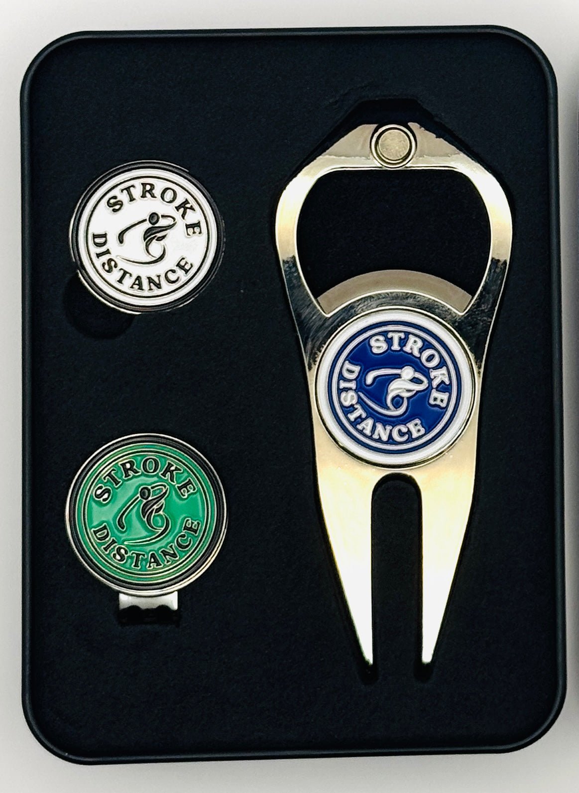 Stroke & Distance Golf Gift Set: Gift Tin, Divot Tool, Ball Marker, Hat Clip