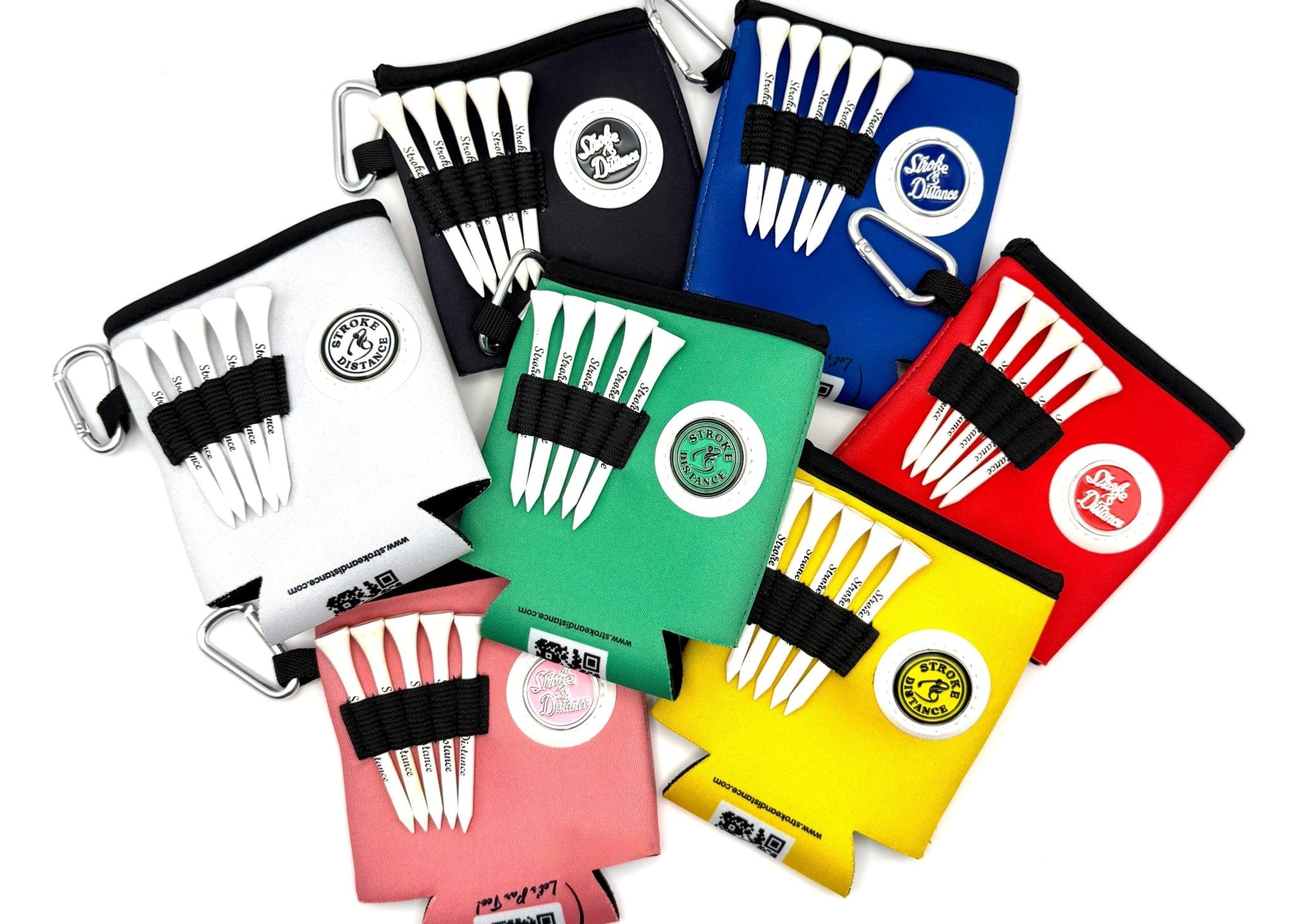 Beverage Caddie Collection (7 pack) 3-in-1 Golf Insulator, Removeable Ball Marker, Bag Clip & Tees Combo