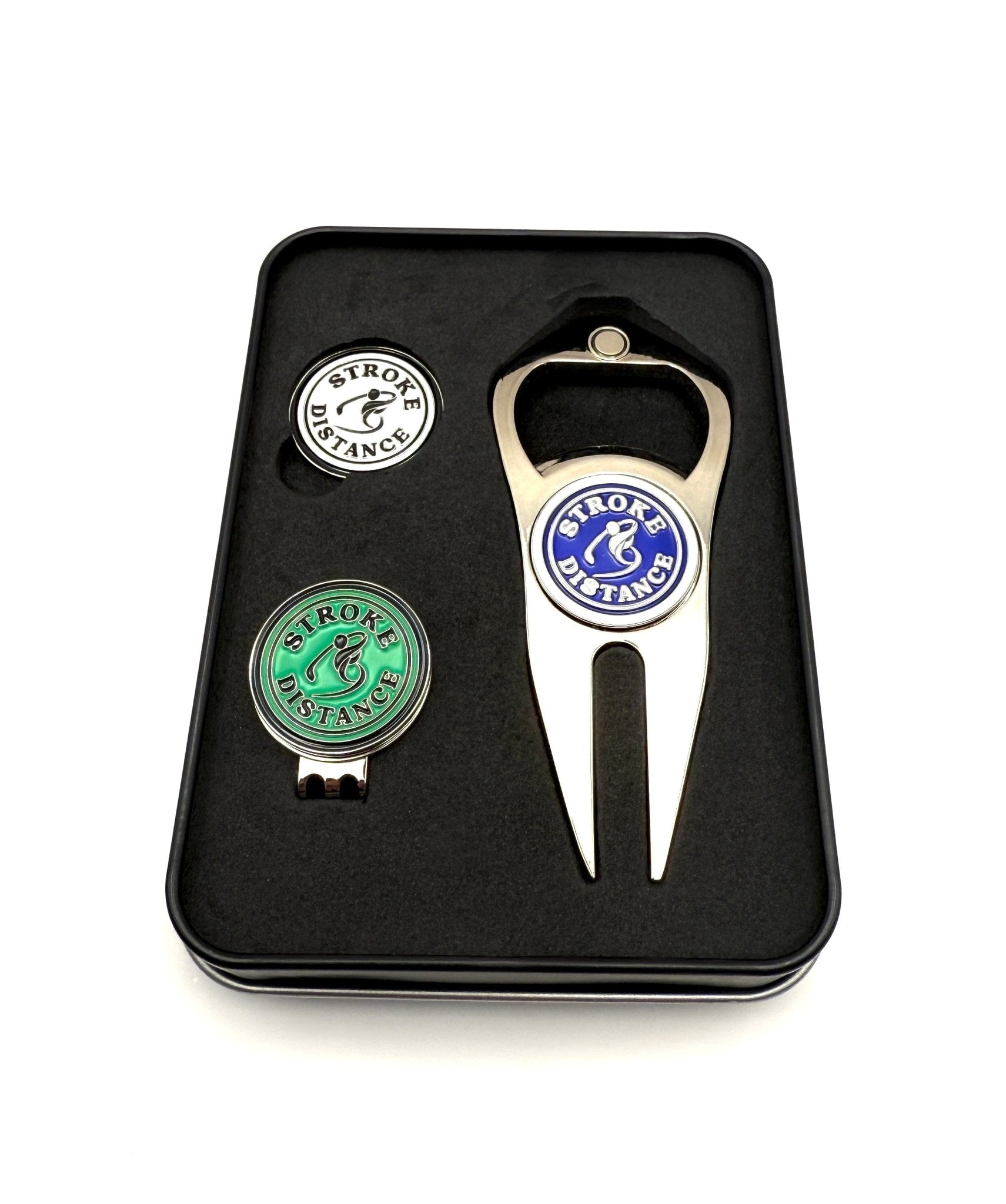 Stroke & Distance Golf Gift Set: Gift Tin, Divot Tool, Ball Marker, Hat Clip