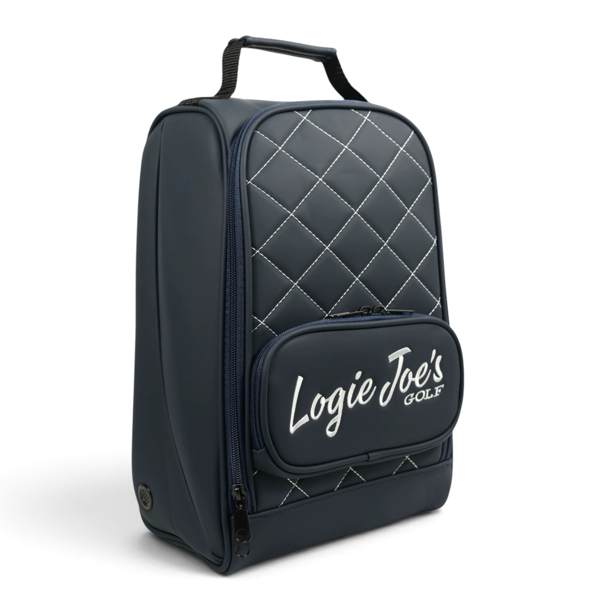 Golf Shoe Bag | Premium PU Leather Golf Shoe Organizer | Quilted Travel Shoe Case with Accessory Pocket, Carry Handle & Ventilation | Navy/White