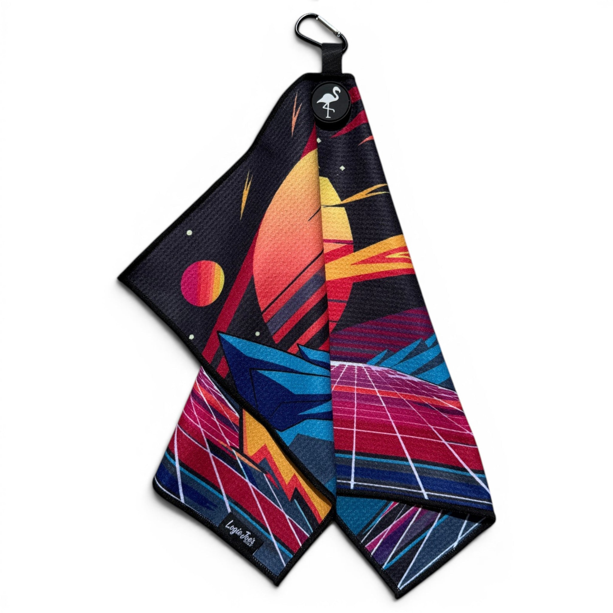 Retroscape Golf Towel | 24” x 16” Microfiber Towel | Magnetic Clip & Carabiner | Premium Golf Accessory | Sunset Mountain Drive