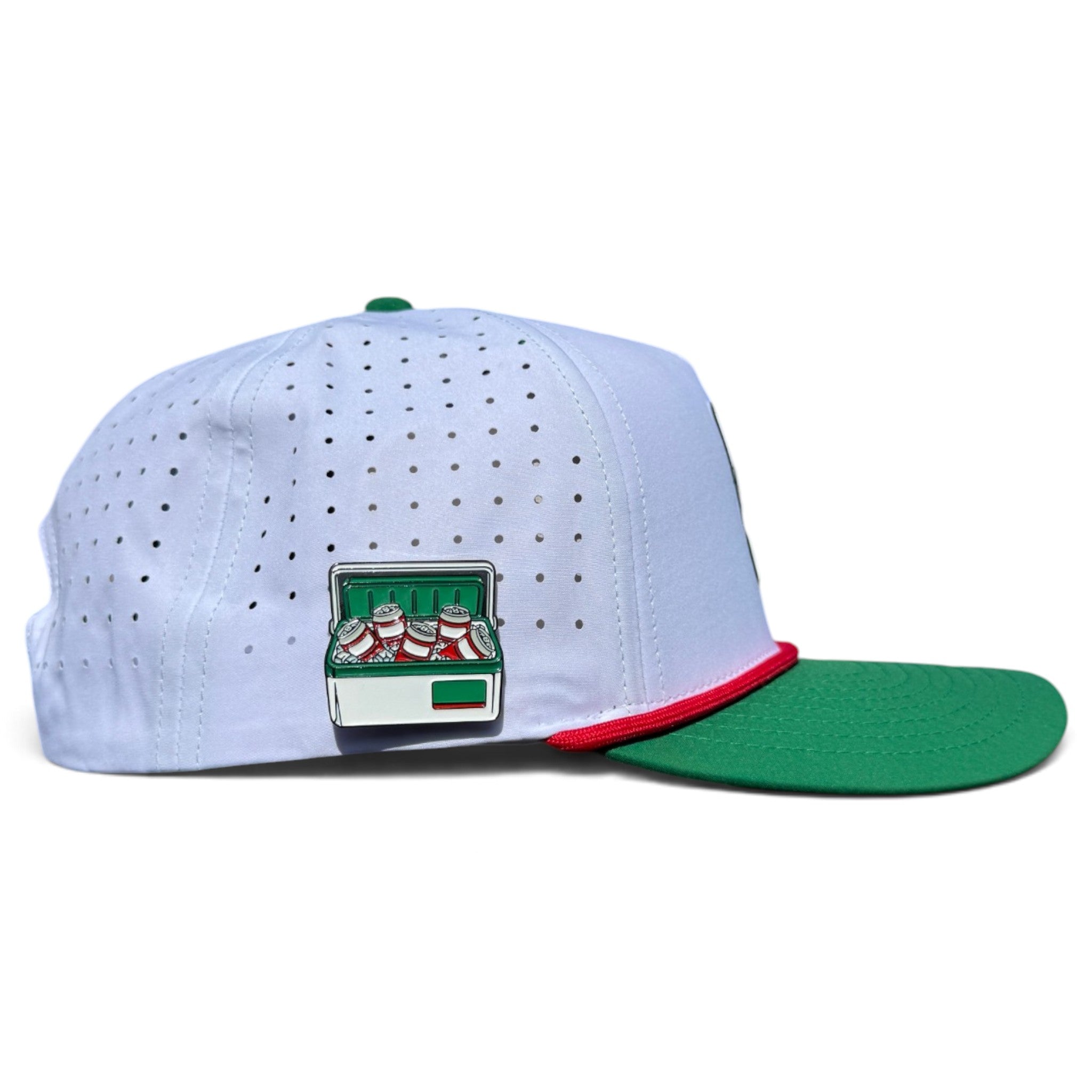 Vintage Cooler Golf Hat | Snapback Cap | Built-in Magnetic Ball Marker Holder + Marker Included | Adjustable White Green Beverages