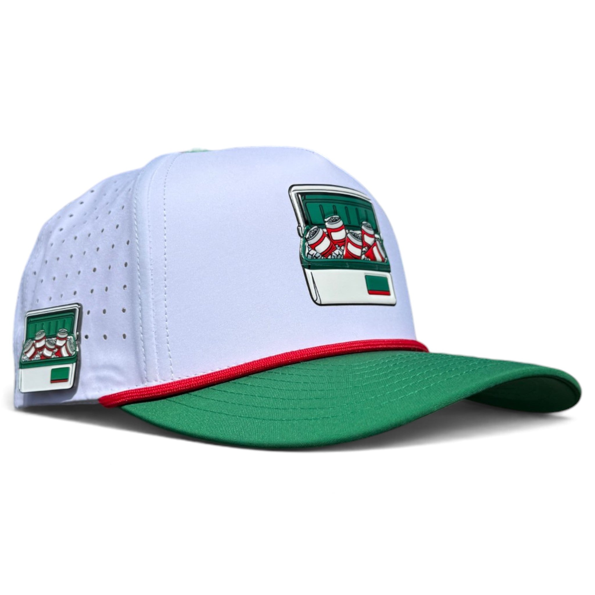 Vintage Cooler Golf Hat | Snapback Cap | Built-in Magnetic Ball Marker Holder + Marker Included | Adjustable White Green Beverages