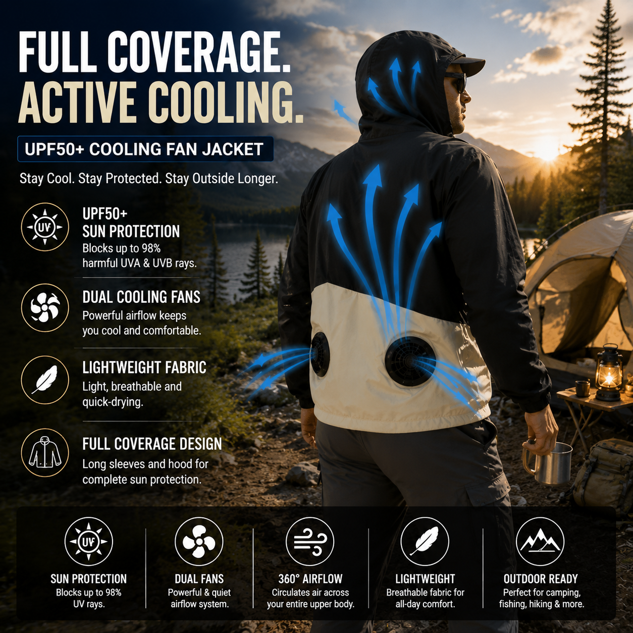 LITEGUEST UPF50+ Cooling Fan Jacket | Fishing, Hiking, Outdoor Cooling