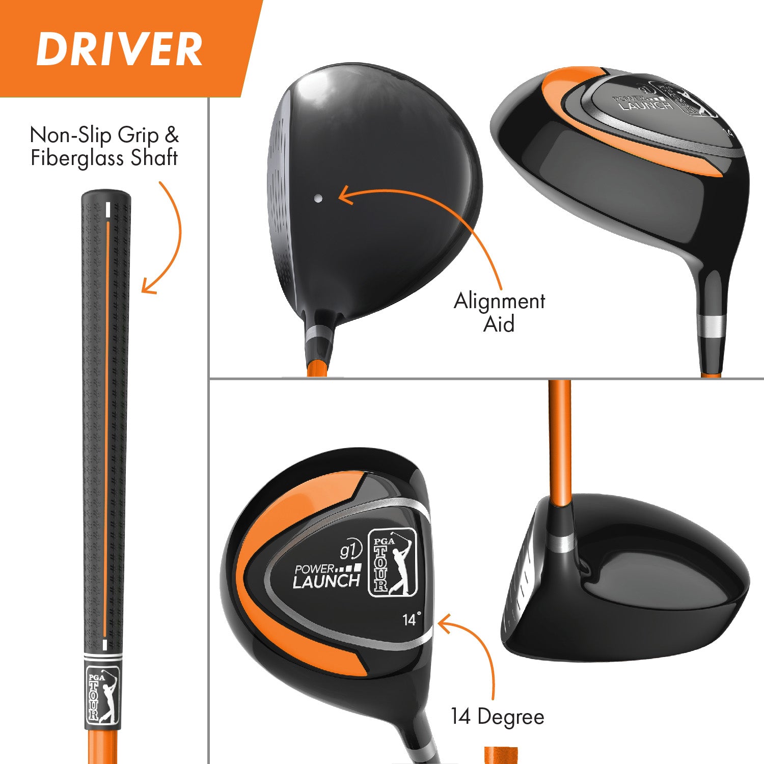 PGA TOUR® Juniors Right Handed Orange Golf Club Set by Golfgen® for Player Heights 5'3" - 5'10" | Complete Junior Golf Club Set
