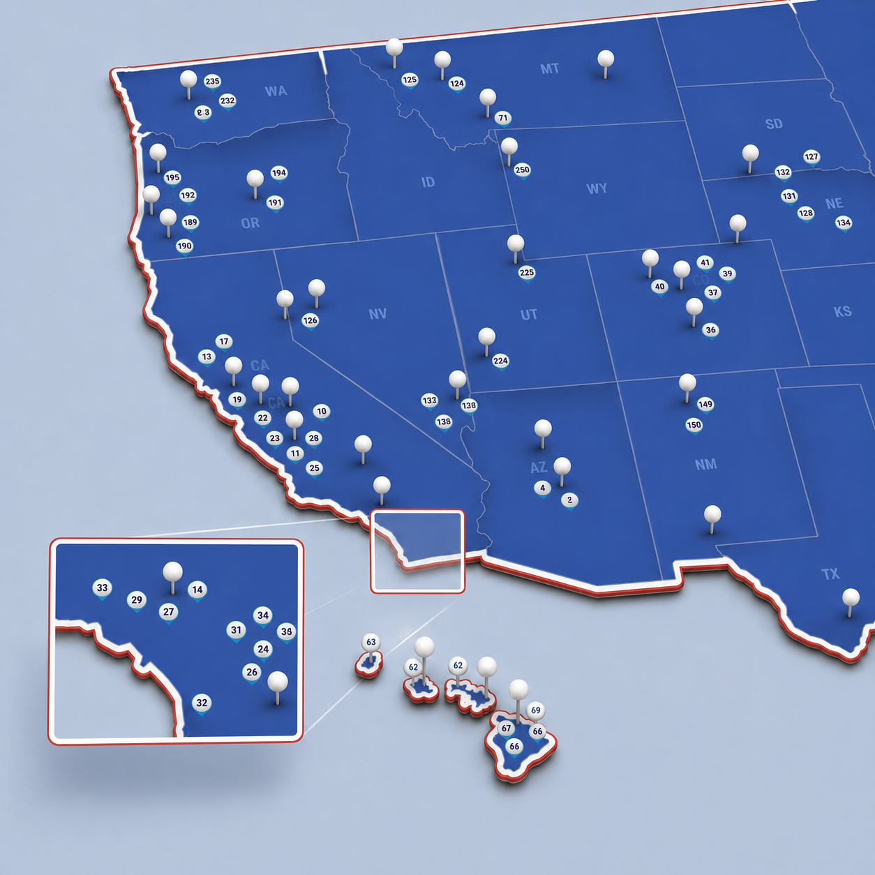 United States Push Pin Map: Top 250 Golf Courses (Blue)
