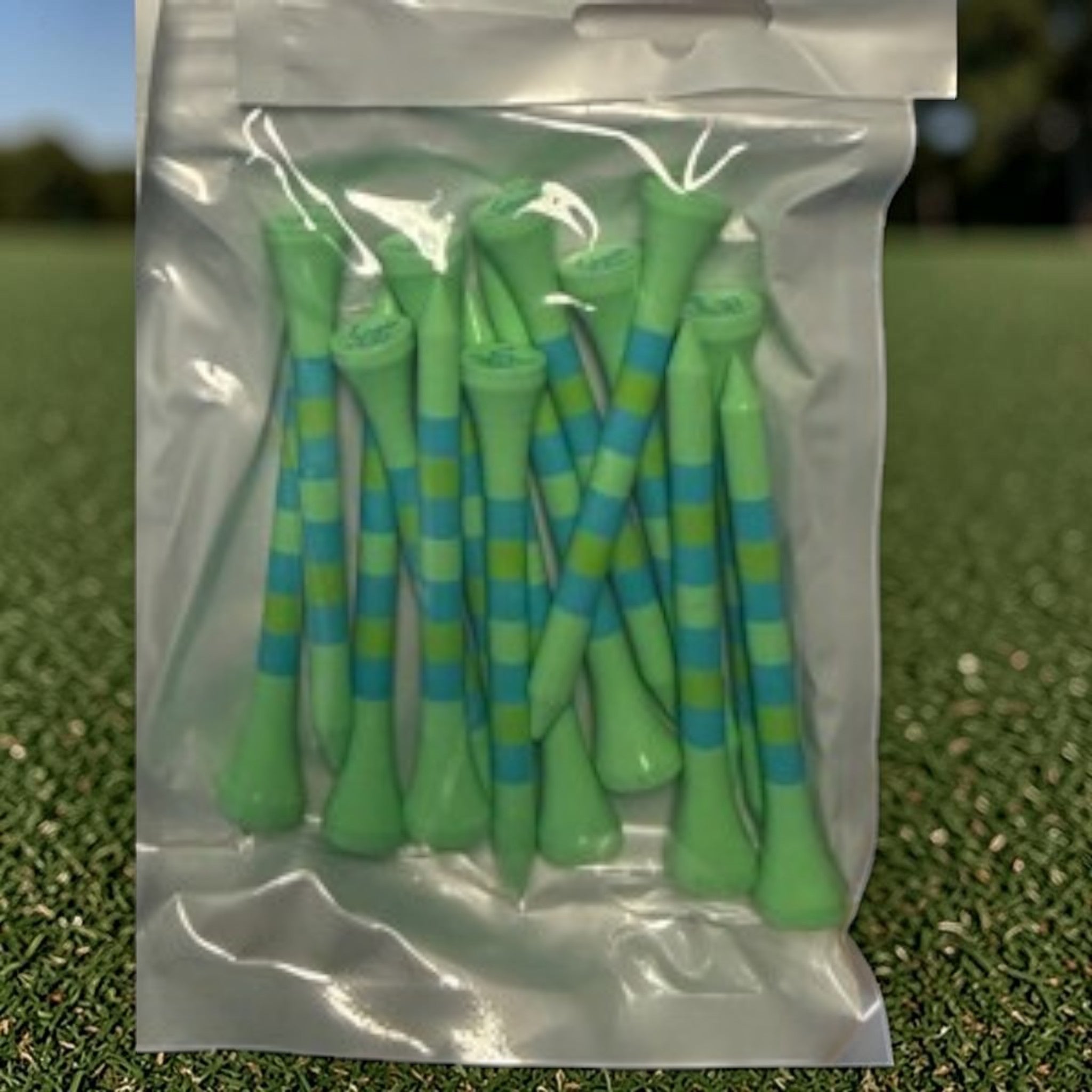 Green Blue Stripe Premium Wooden Golf Tees | 2 3/4” Standard Size | 45 Pack Set | Durable Painted Wood Tees | Unique Designs