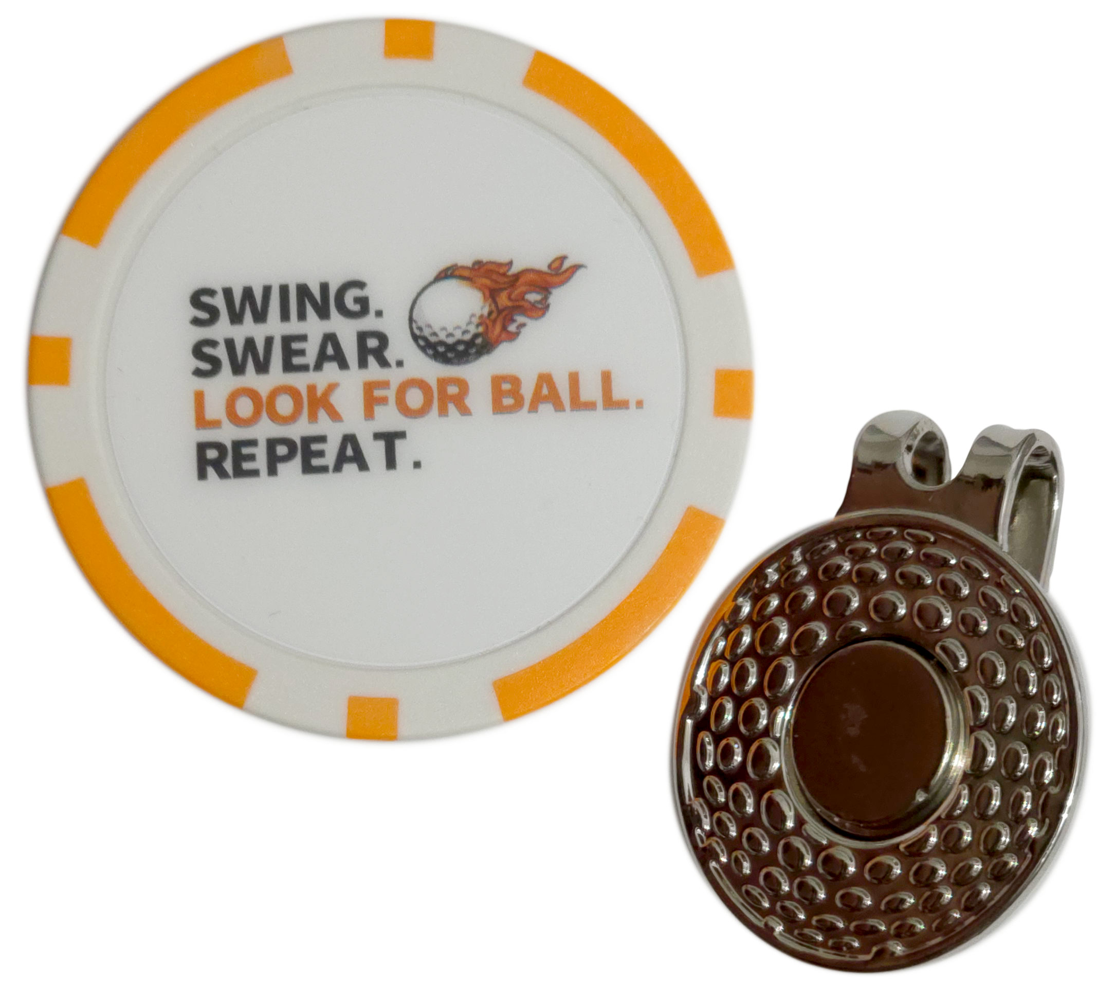 “Swing. Swear. Look for Ball. Repeat.” Golf Ball Marker Poker Chip