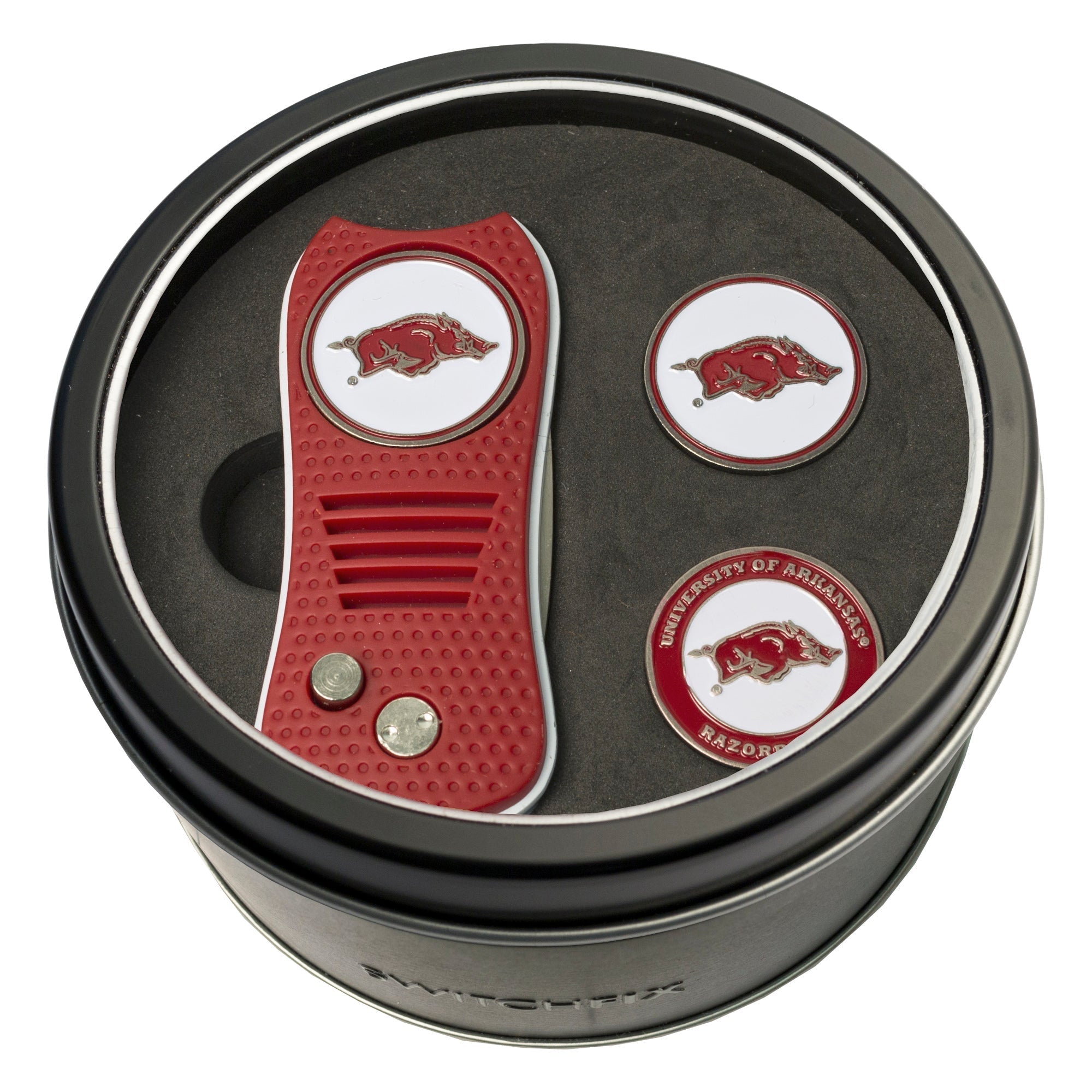 Arkansas Razorbacks Switchblade Divot Tool + 2 Ball Marker Tin Gift Set