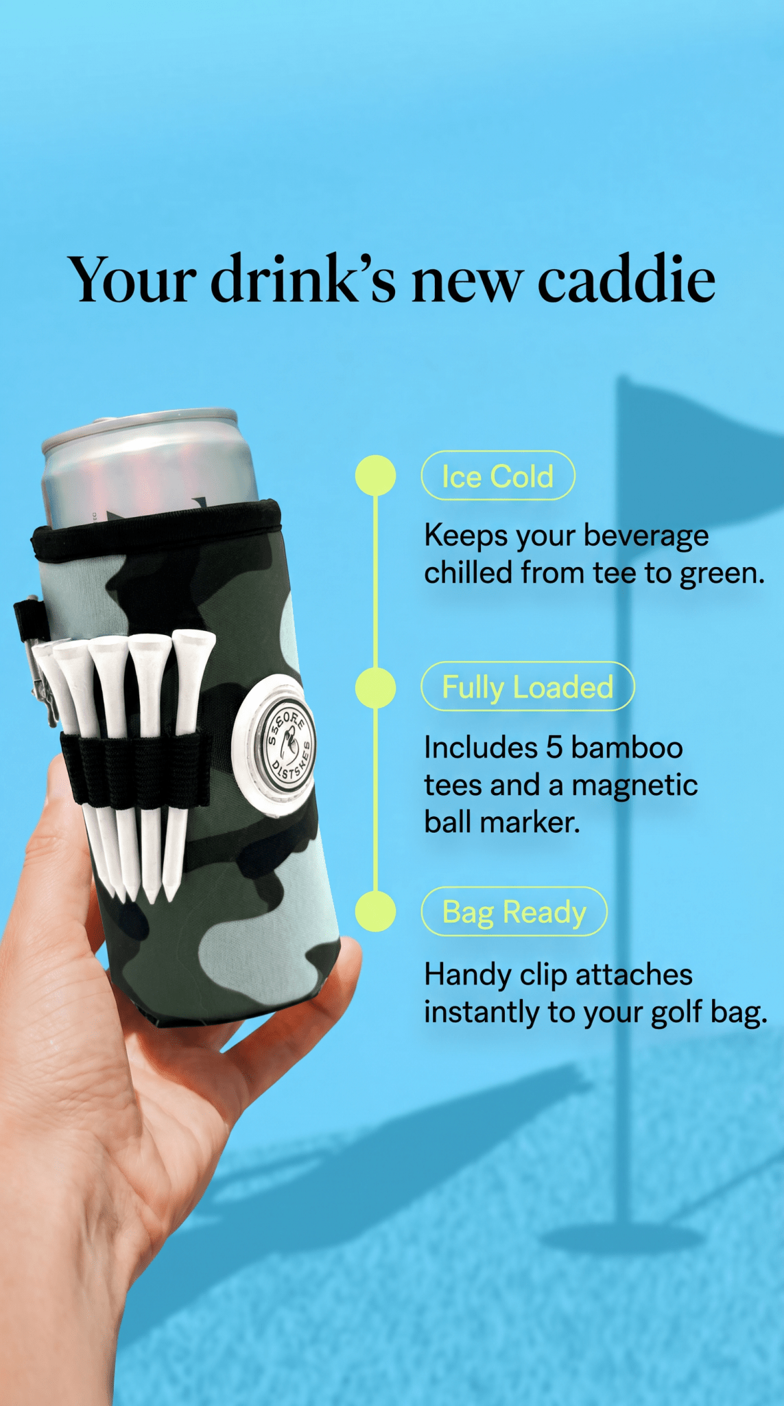 Beverage Caddie 3-in-1 Golf Insulator, Removeable Ball Marker, Bag Clip & Tees Combo