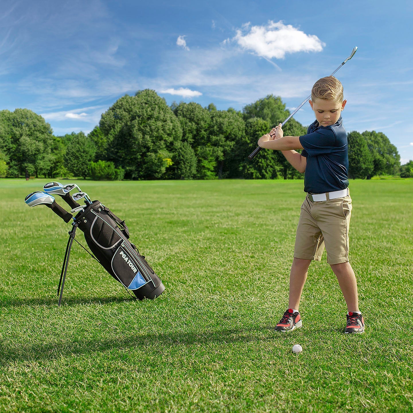 PGA TOUR® Juniors Left Handed Blue Golf Club Set by Golfgen® for Player Heights 4'8" - 5'3" | Complete Junior Golf Club Set
