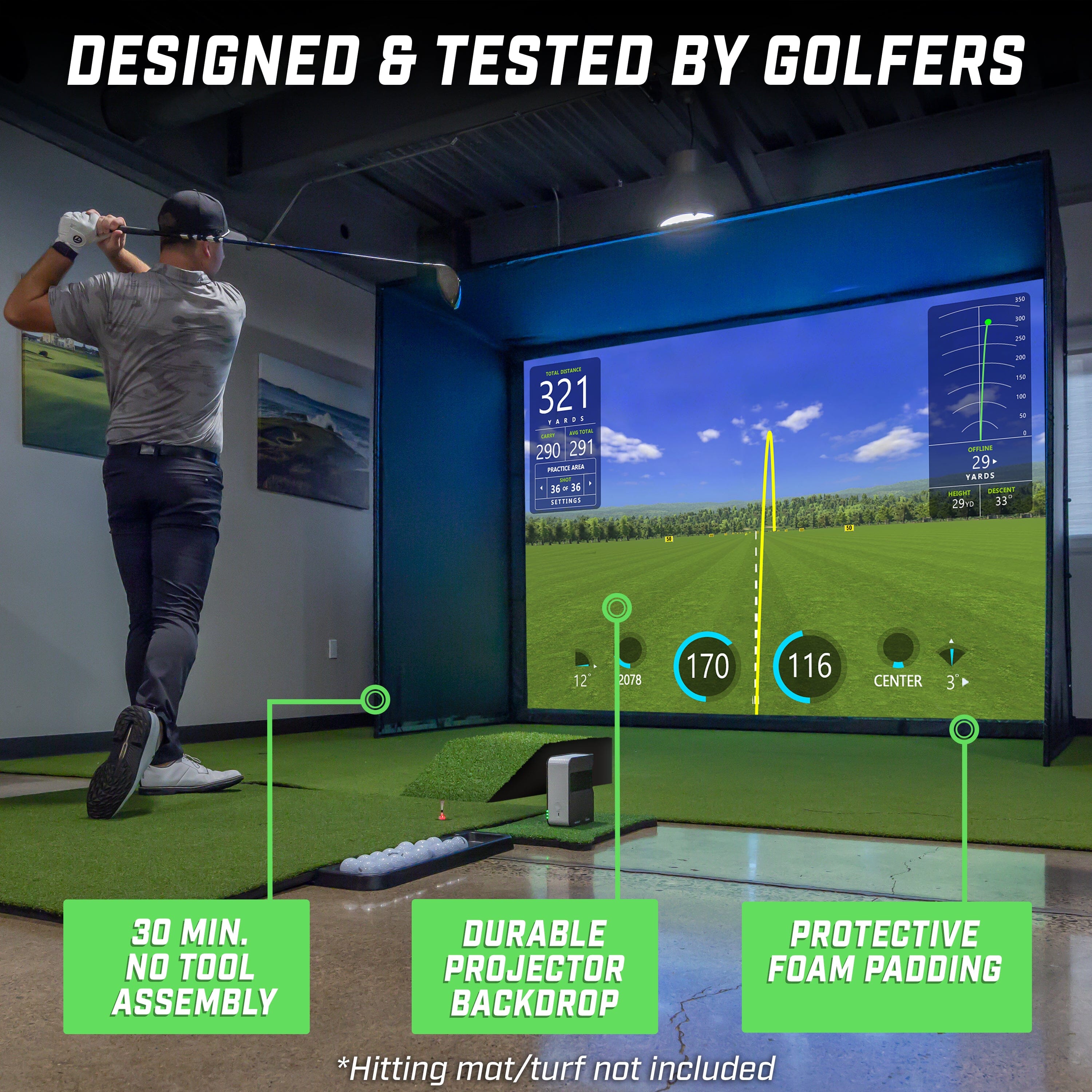 GoSports 10 x 8 ft Golf Simulator Enclosure Net - Complete Set with Frame and HD Impact Screen Kit