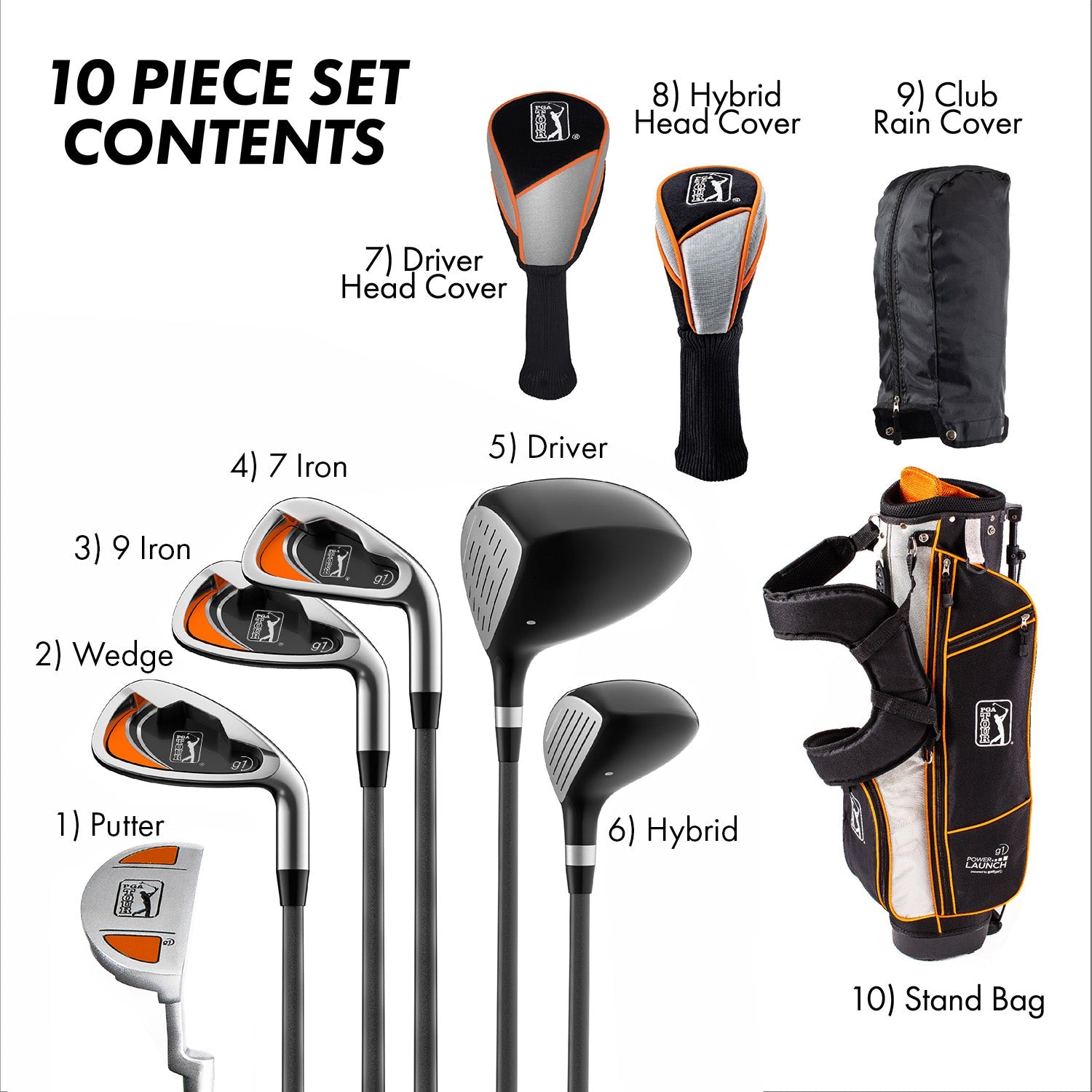 PGA TOUR® Juniors Right Handed Orange Golf Club Set by Golfgen® for Player Heights 5'3" - 5'10" | Complete Junior Golf Club Set