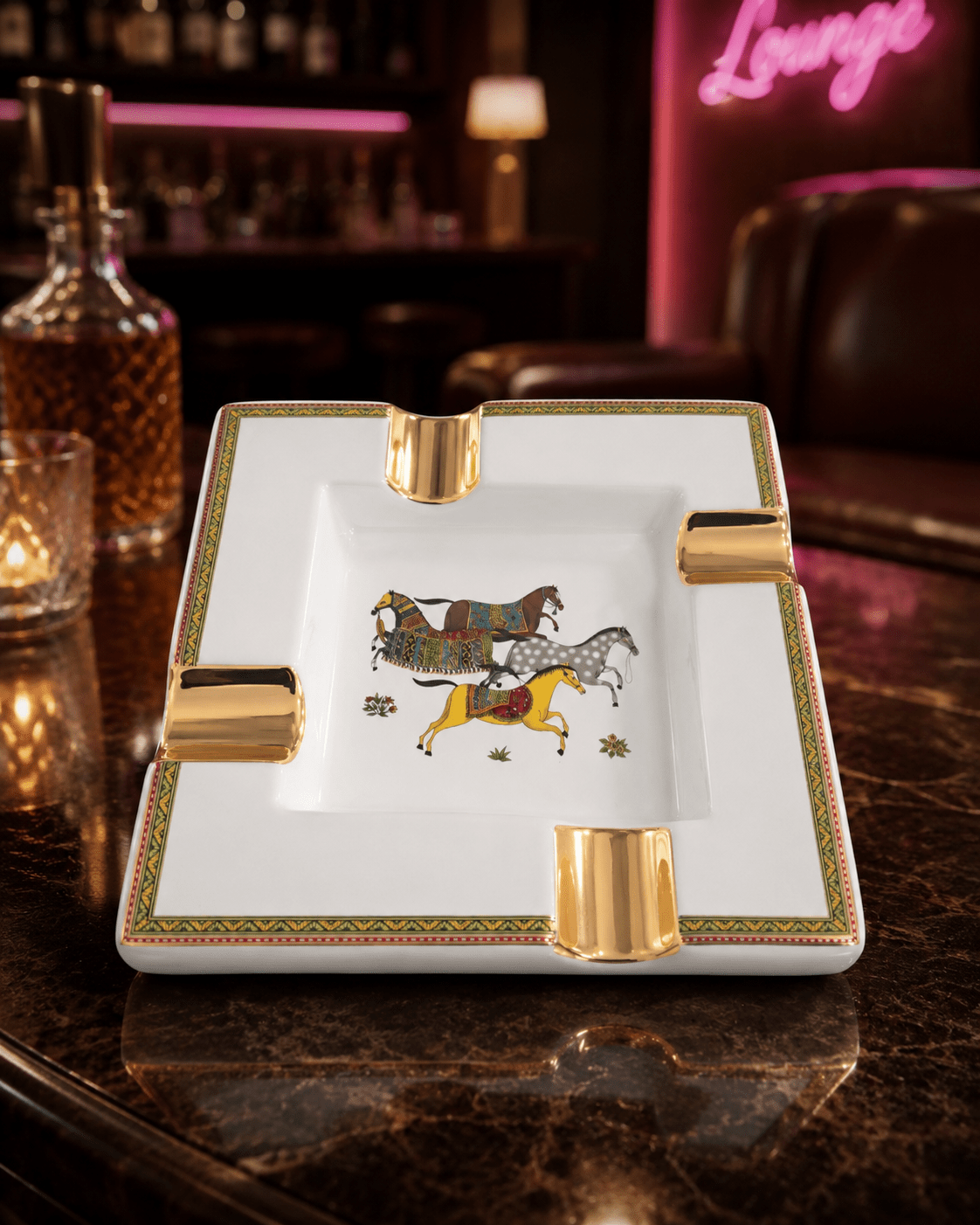 Royal Stable Ceramic Horse Ashtray Collection with Gold Accents