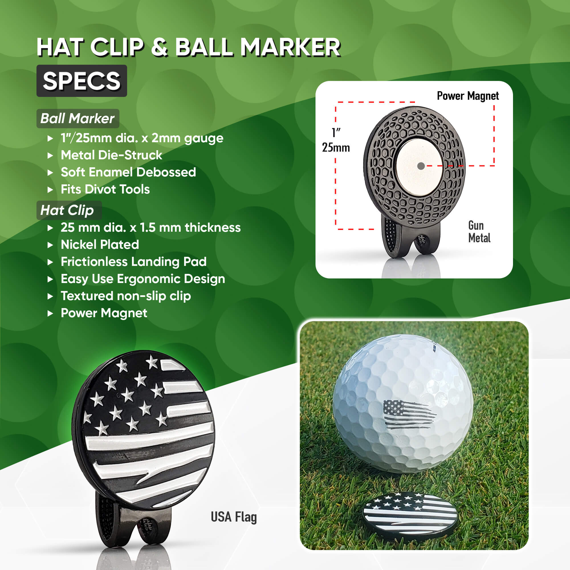 USA Flag Hat Clip Ball Marker Set