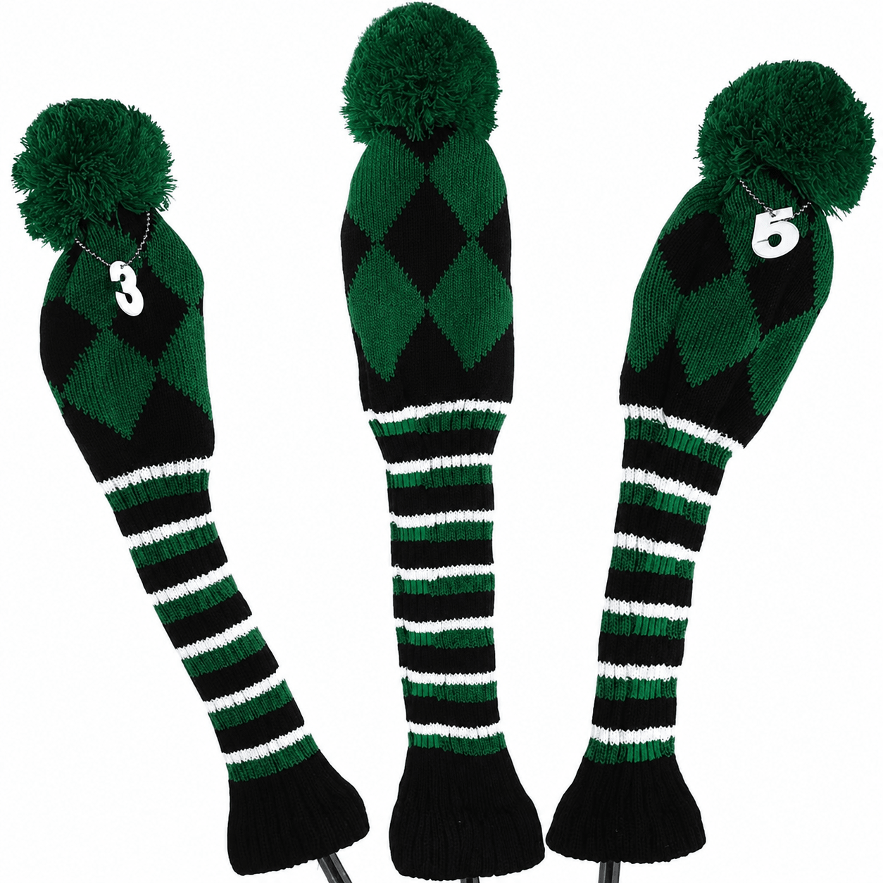 Vintage Vibe Golf Club Headcovers Set – 3pcs Knitted Pom Pom Sock Covers for Drivers and Fairway Woods